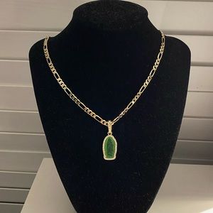 Gold Plated Green Guadalupe Pendant With 20” Figaro Necklace